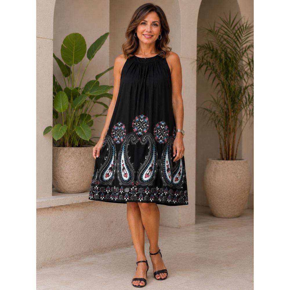 Purple‎ Brand Black Paisley Border Print Sleeveless Trapeze Mini Dress Womens L